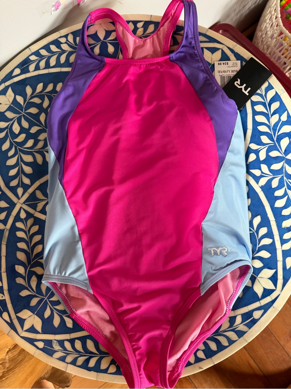 TYR Girls One-Piece Swimsuit in Hot Pink, Purple & Light Blue